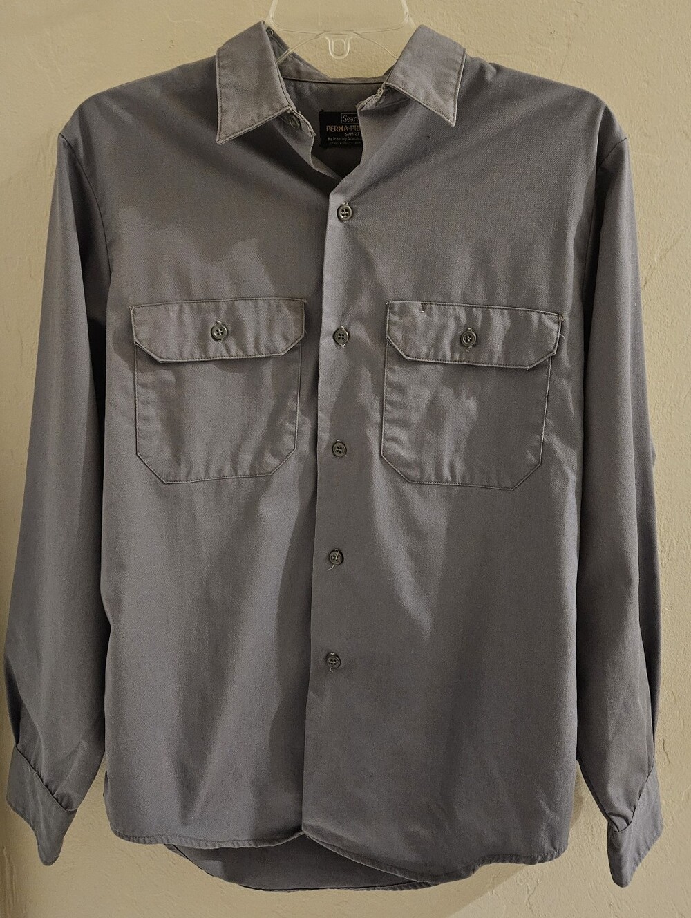 Vintage 70s Sears Perma-Prest Work Shirt Long Sleeve Two Pocket Blue Gray 15 Med